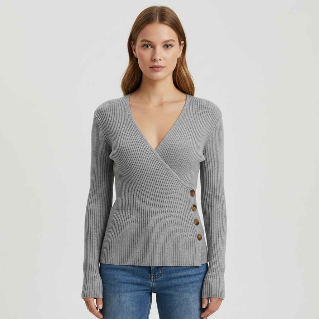 Juliet | Women's Ribbed Wrap Sweater – V-Neck, Side Button Detail, Long Sleeves