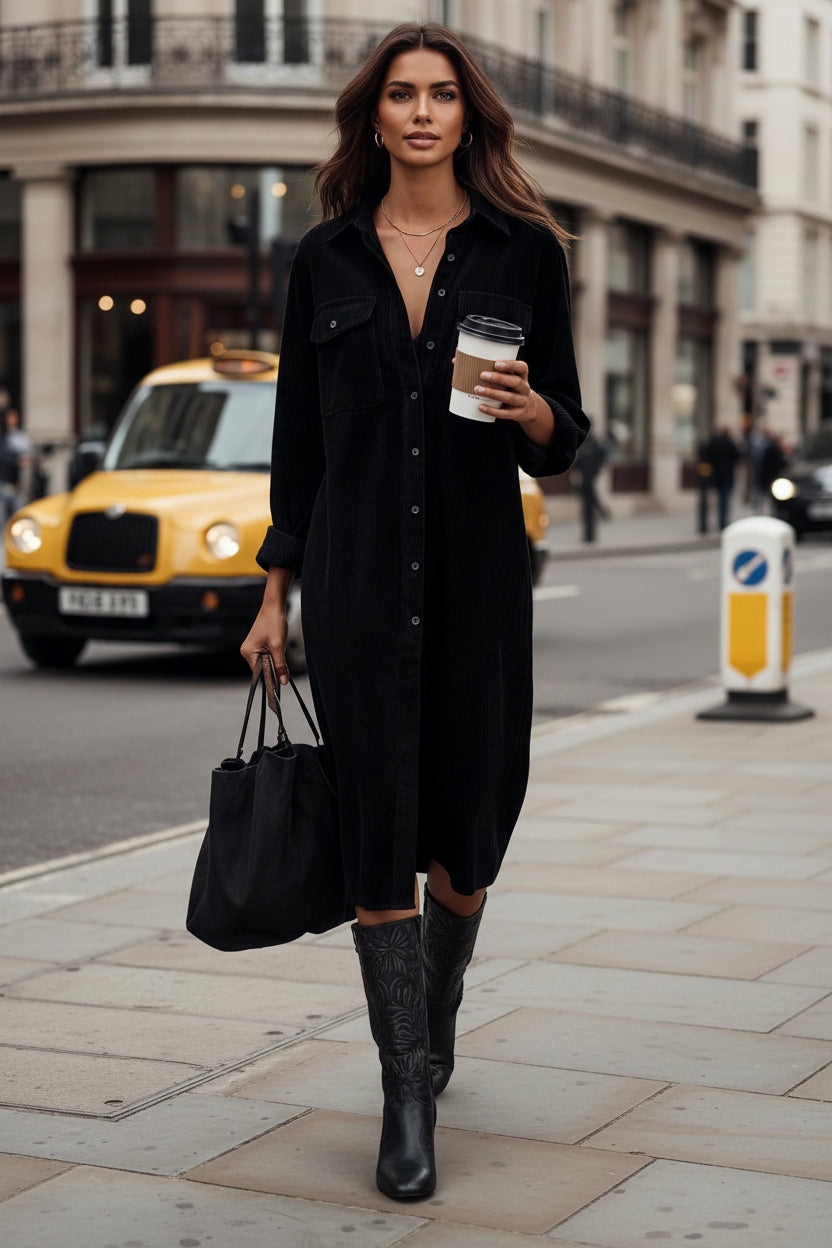 Juniper – Women's Corduroy Shirt Dress – Button Front Midi with Chest Pockets