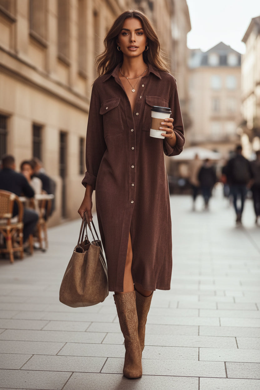 Juniper – Women's Corduroy Shirt Dress – Button Front Midi with Chest Pockets