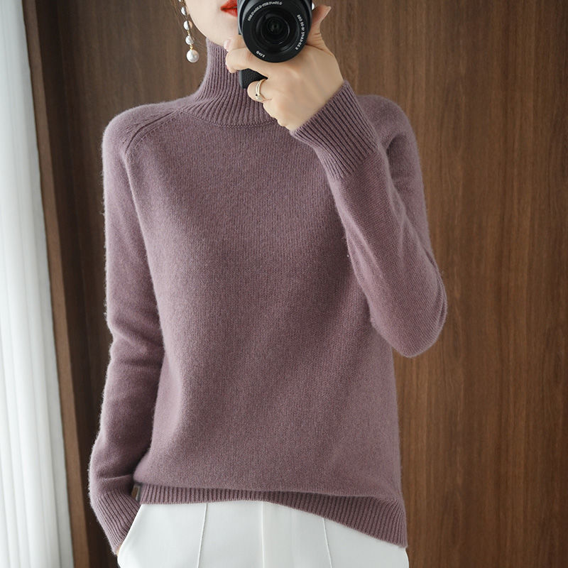 Kelly | Women's Fitted Turtleneck Sweater – Raglan Long Sleeves, Ribbed Collar and Cuffs – Mauve