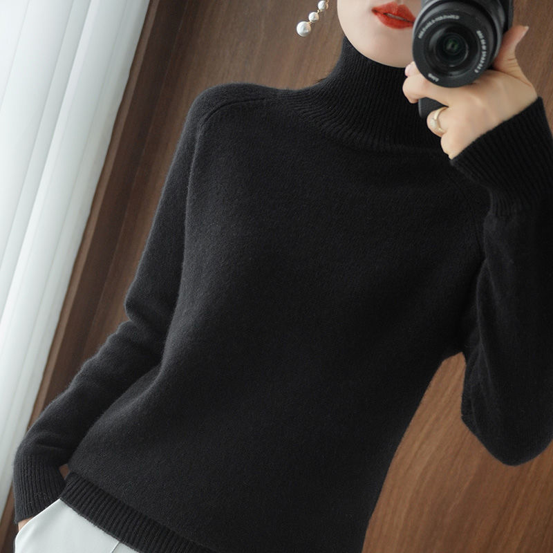 Kelly | Women's Fitted Turtleneck Sweater – Raglan Long Sleeves, Ribbed Collar and Cuffs – Black