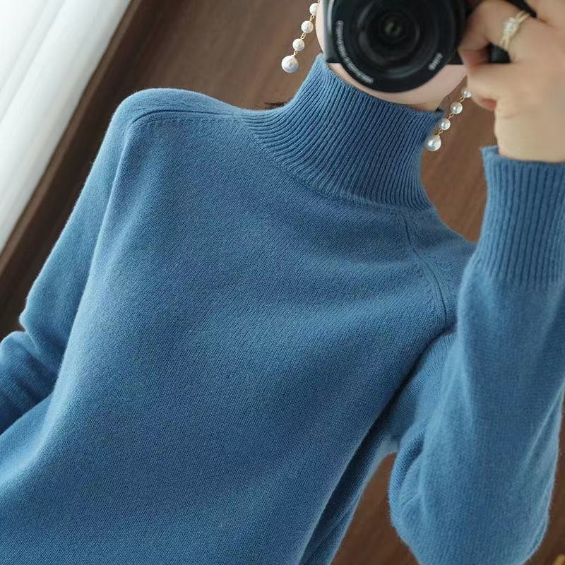 Kelly | Women's Fitted Turtleneck Sweater – Raglan Long Sleeves, Ribbed Collar and Cuffs – Blue
