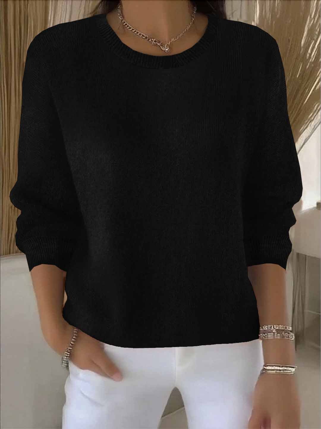 Kira | Women's Soft Crewneck Sweater – Relaxed Long Sleeve Knit Pullover – Black