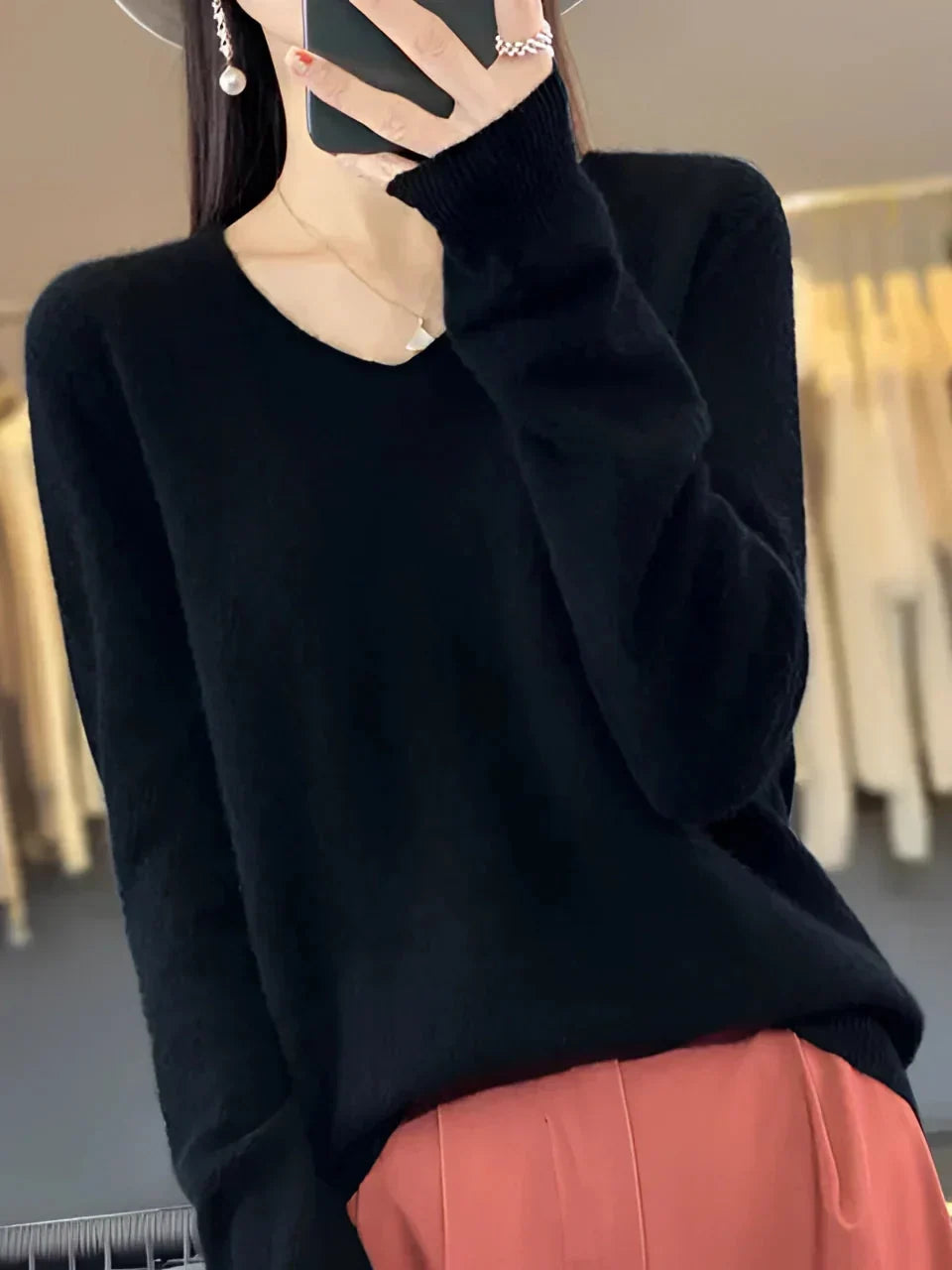 Lainey | Women's Soft Brushed V-Neck Sweater – Long Sleeve, Ribbed Cuffs and Hem – Black