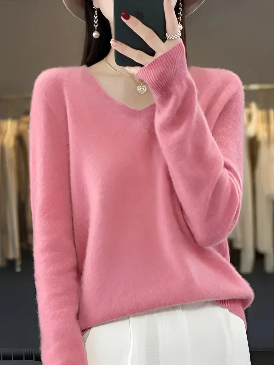 Lainey | Women's Soft Brushed V-Neck Sweater – Long Sleeve, Ribbed Cuffs and Hem