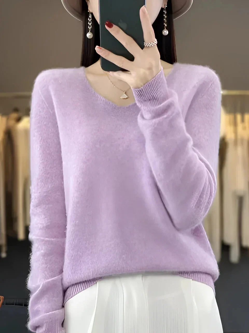 Lainey | Women's Soft Brushed V-Neck Sweater – Long Sleeve, Ribbed Cuffs and Hem – Lavender