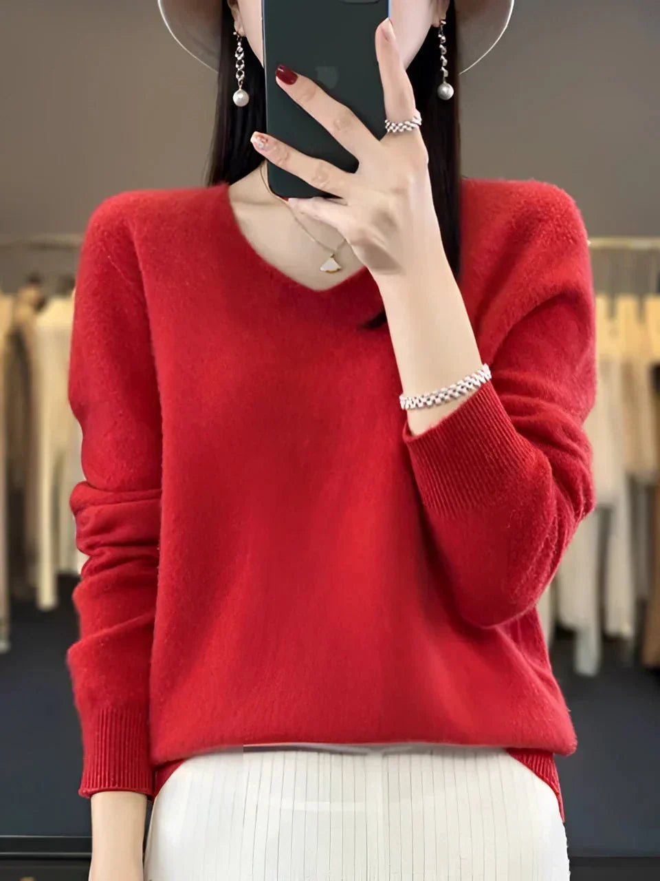 Lainey | Women's Soft Brushed V-Neck Sweater – Long Sleeve, Ribbed Cuffs and Hem – Red