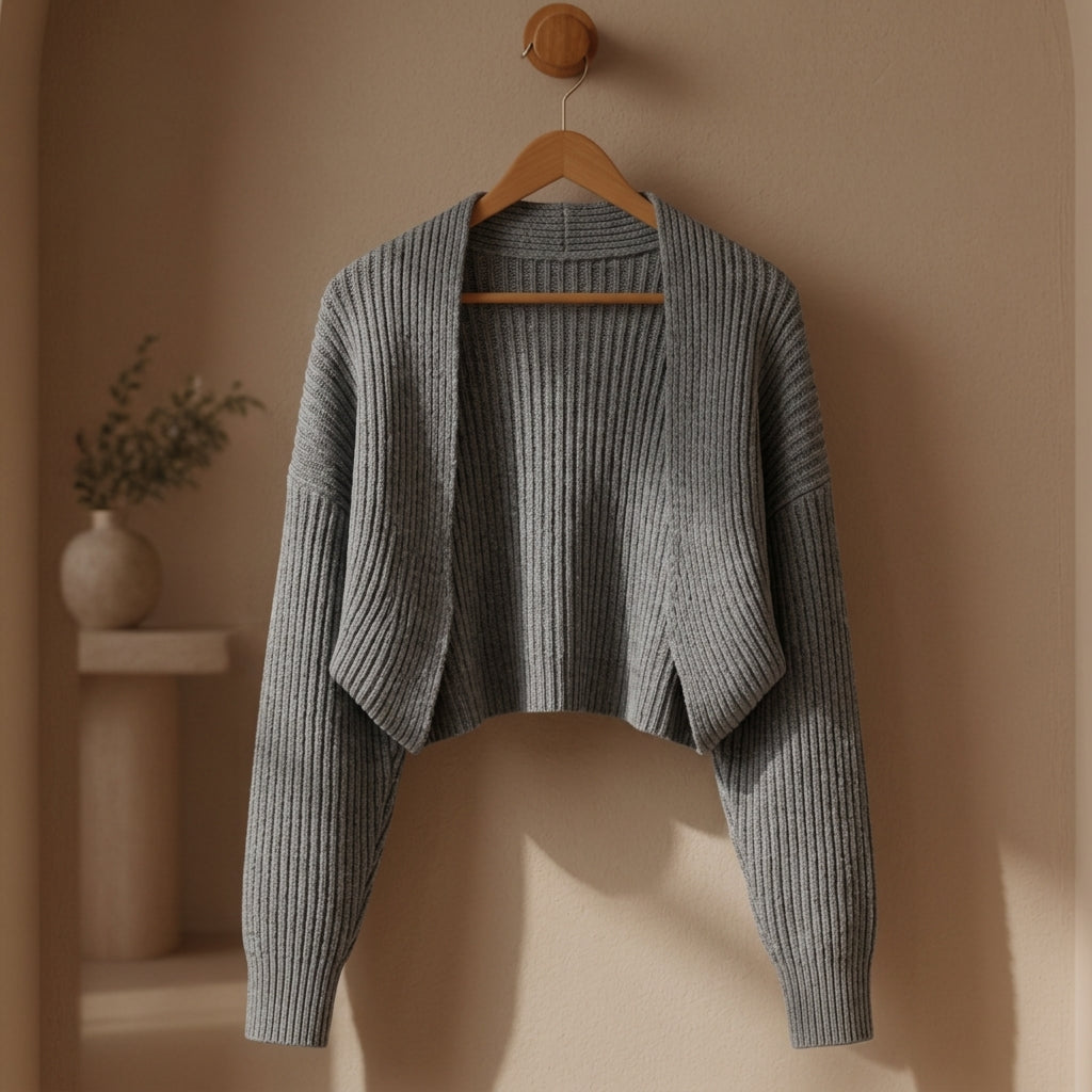 Leila | Women's Cropped Open-Front Cardigan – Cotton-Blend Knit Shrug – Gray