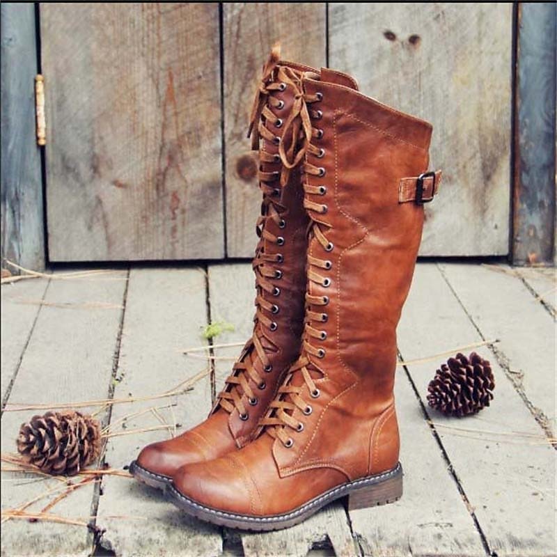 Leonie | Women's Lace-Up Knee-High Riding Boots – Padded Insole, Tread Sole – Brown