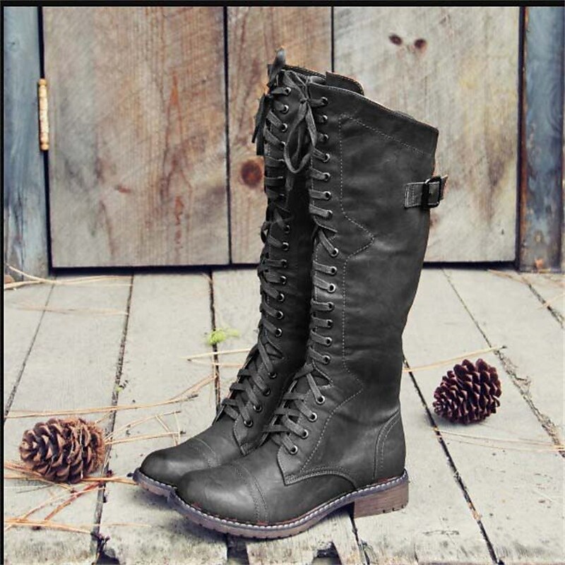 Leonie | Women's Lace-Up Knee-High Riding Boots – Padded Insole, Tread Sole – Black
