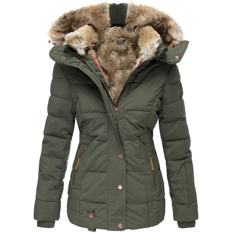 Liesel | Women's Quilted Winter Coat – Faux Fur Lined Hood, Cinched Waist – Green