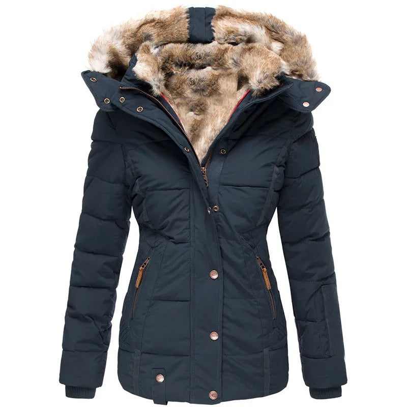 Liesel | Women's Quilted Winter Coat – Faux Fur Lined Hood, Cinched Waist – Blue