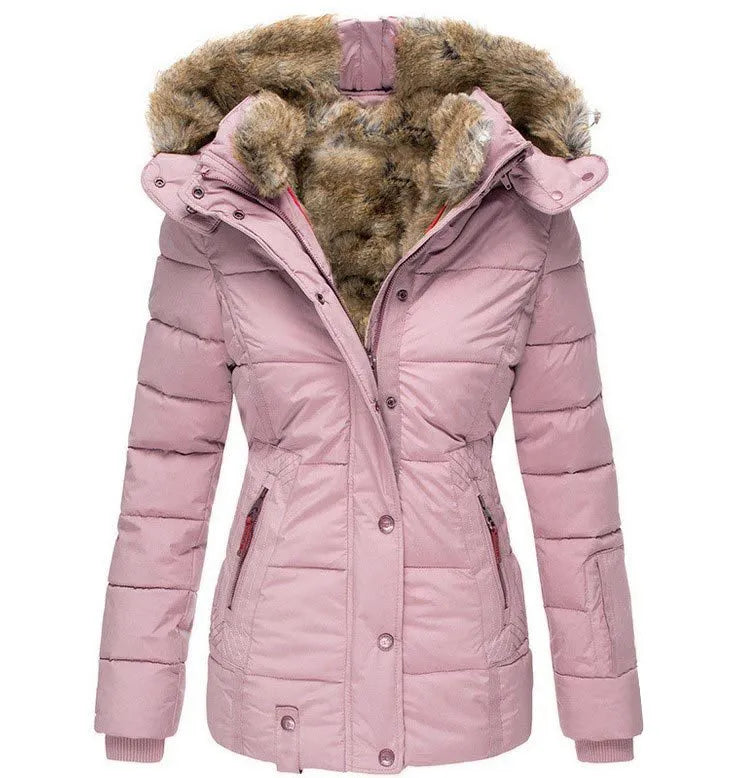 Liesel | Women's Quilted Winter Coat – Faux Fur Lined Hood, Cinched Waist – Pink
