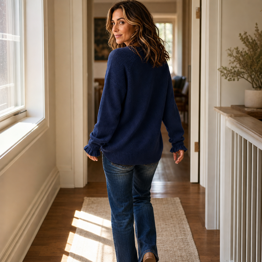 Romy | Women's V-Neck Ribbed Knit Pullover – Hip-Length Sweater