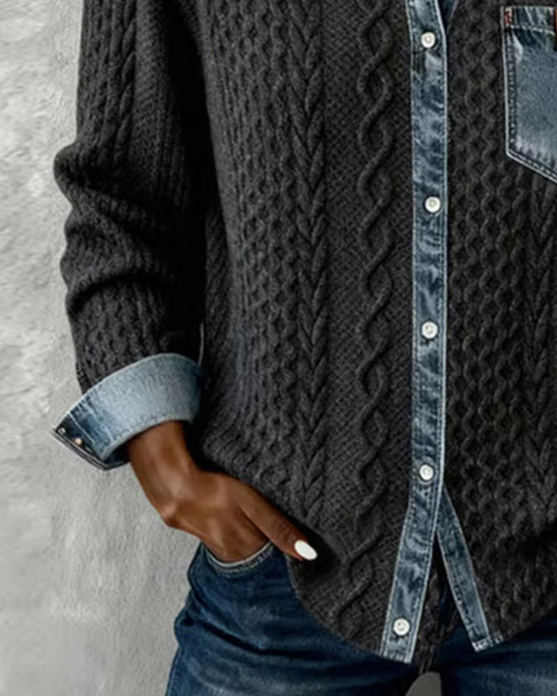 Lila | Women's Cable Knit Cardigan with Denim Collar – Button Front Sweater