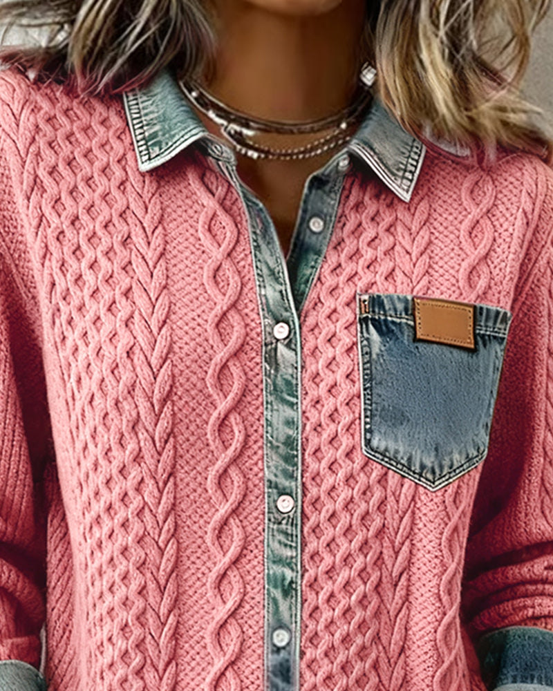 Lila | Women's Cable Knit Cardigan with Denim Collar – Button Front Sweater