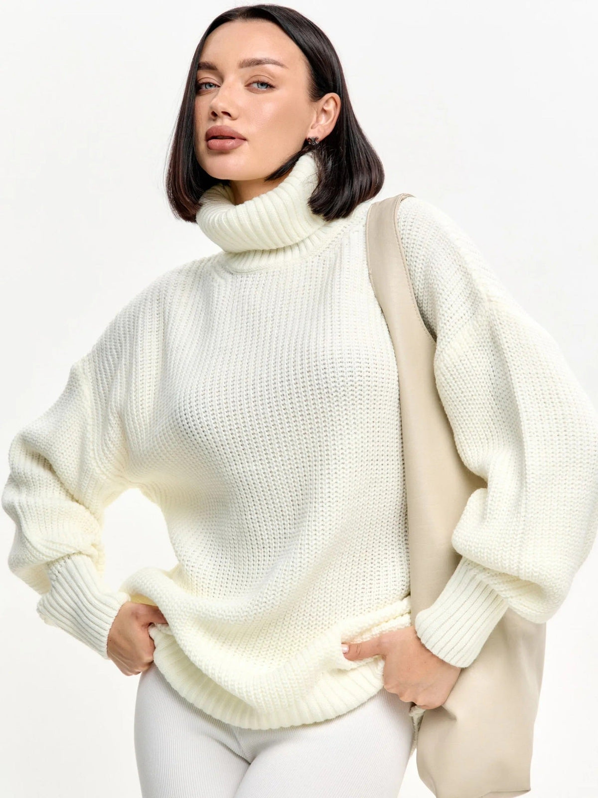 Lillian | Women's Oversized Turtleneck Sweater – Ribbed Knit, Balloon Sleeves, Tunic Length – Cream