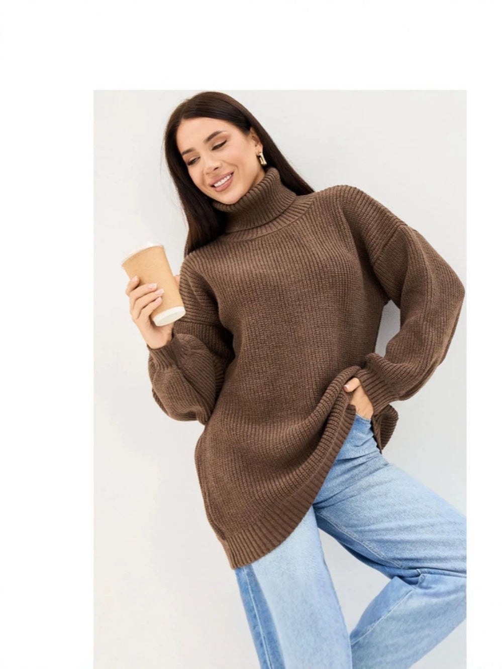 Lillian | Women's Oversized Turtleneck Sweater – Ribbed Knit, Balloon Sleeves, Tunic Length
