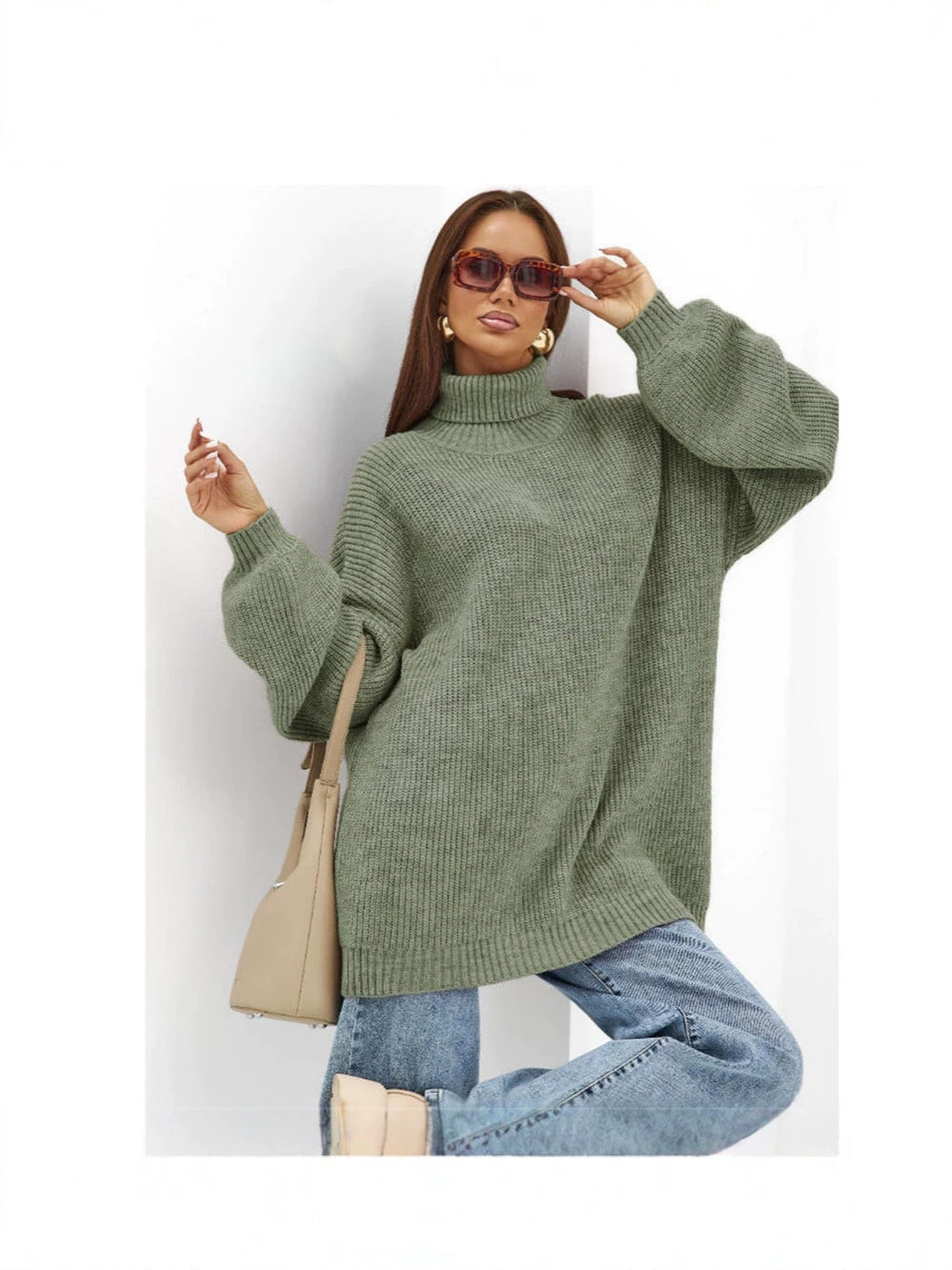 Lillian | Women's Oversized Turtleneck Sweater – Ribbed Knit, Balloon Sleeves, Tunic Length