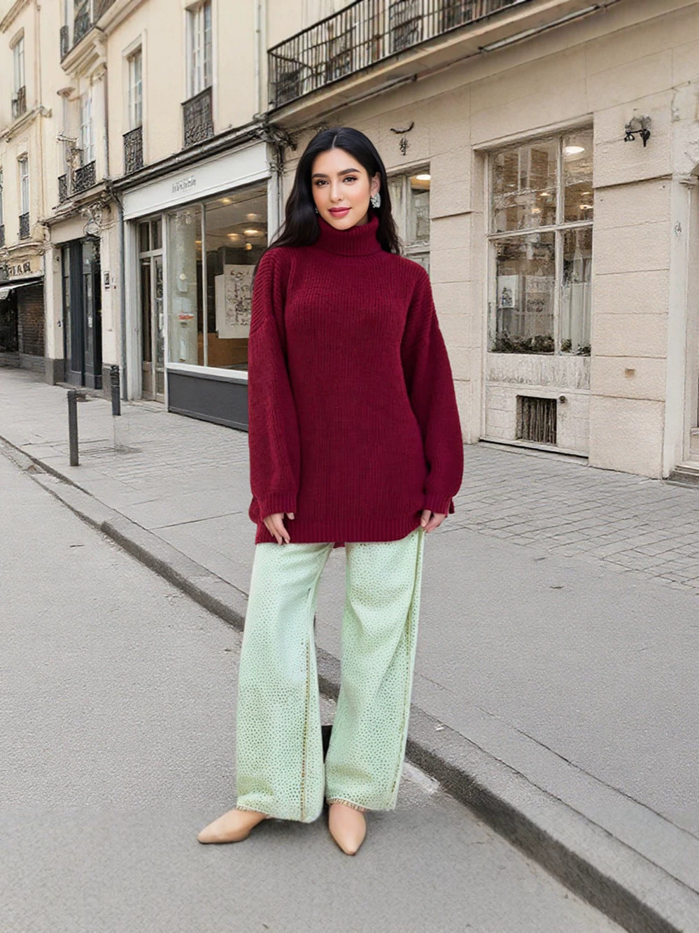 Lillian | Women's Oversized Turtleneck Sweater – Ribbed Knit, Balloon Sleeves, Tunic Length