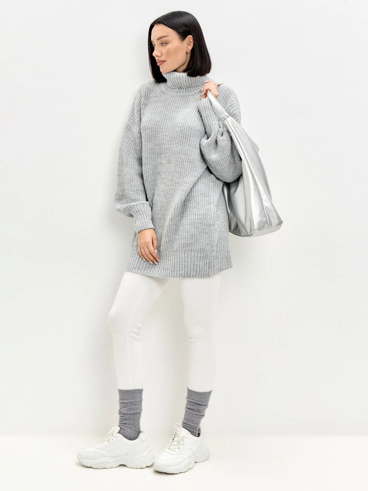 Lillian | Women's Oversized Turtleneck Sweater – Ribbed Knit, Balloon Sleeves, Tunic Length – Gray