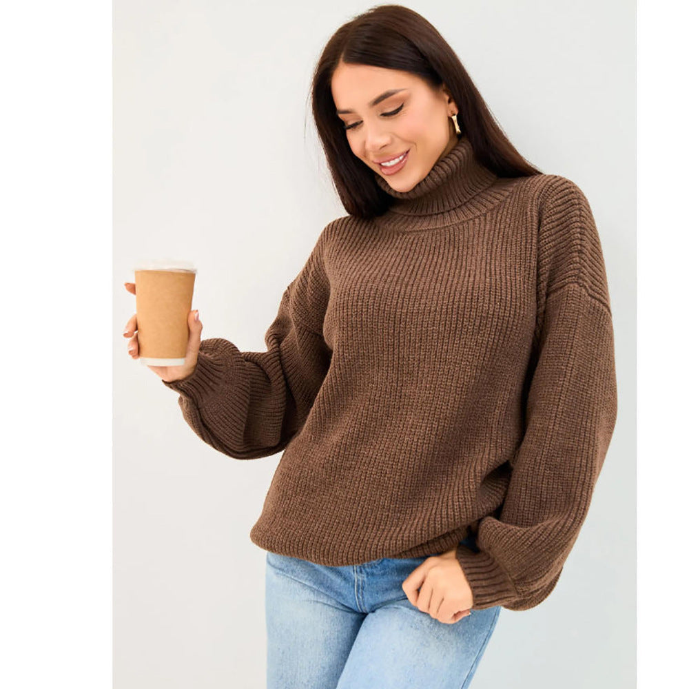 Lillian | Women's Oversized Turtleneck Sweater – Ribbed Knit, Balloon Sleeves, Tunic Length – Brown