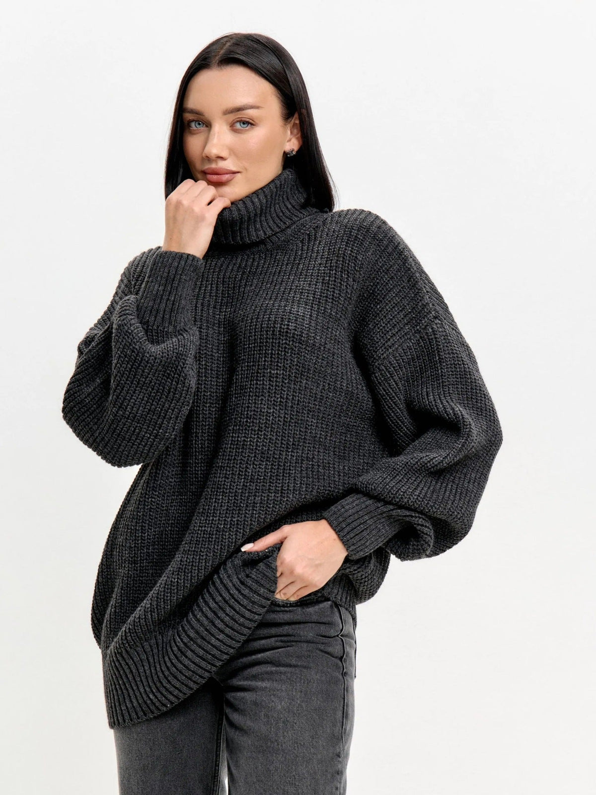Lillian | Women's Oversized Turtleneck Sweater – Ribbed Knit, Balloon Sleeves, Tunic Length – Black