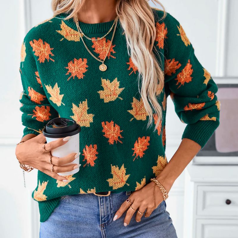 Lisa | Women's Autumn Leaf Knit Sweater – Crew Neck, Relaxed Fit, Ribbed Trim
