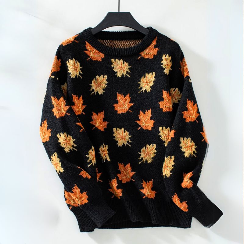 Lisa | Women's Autumn Leaf Knit Sweater – Crew Neck, Relaxed Fit, Ribbed Trim – Black