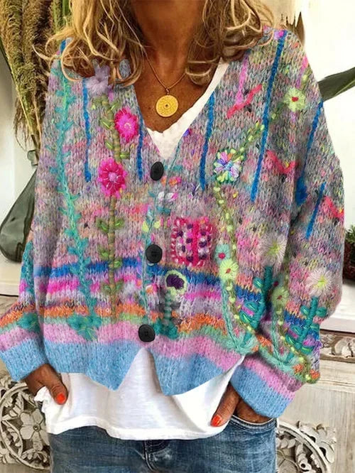 Lola | Women's Retro Print Cardigan – Vintage-Inspired Long Sleeve Knit – Gray