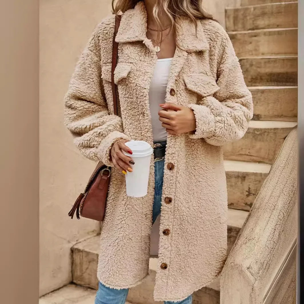 Lorna | Women's Teddy Shacket – Fluffy Texture, Button Front, Chest Flap Pockets