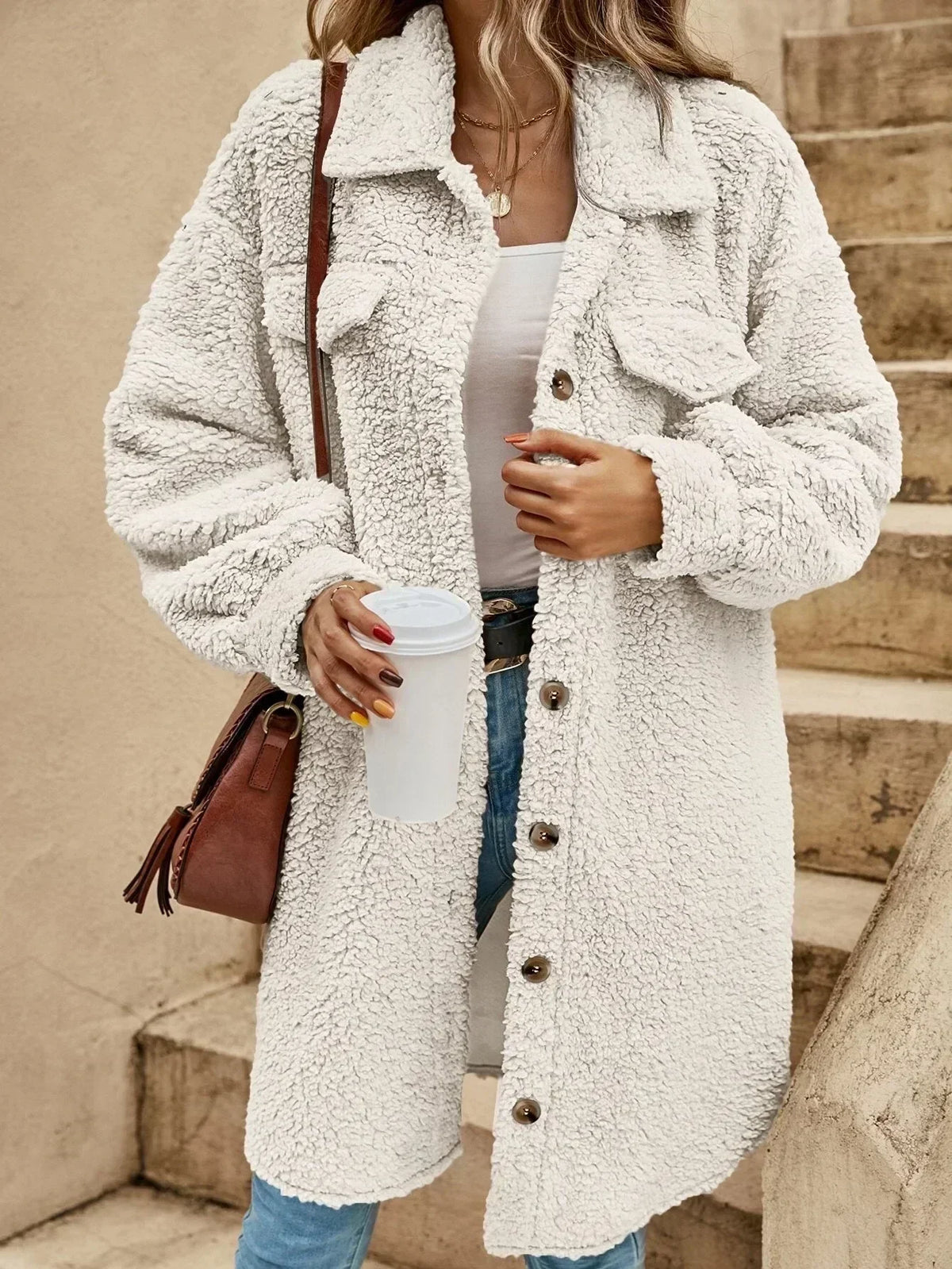 Lorna | Women's Teddy Shacket – Fluffy Texture, Button Front, Chest Flap Pockets