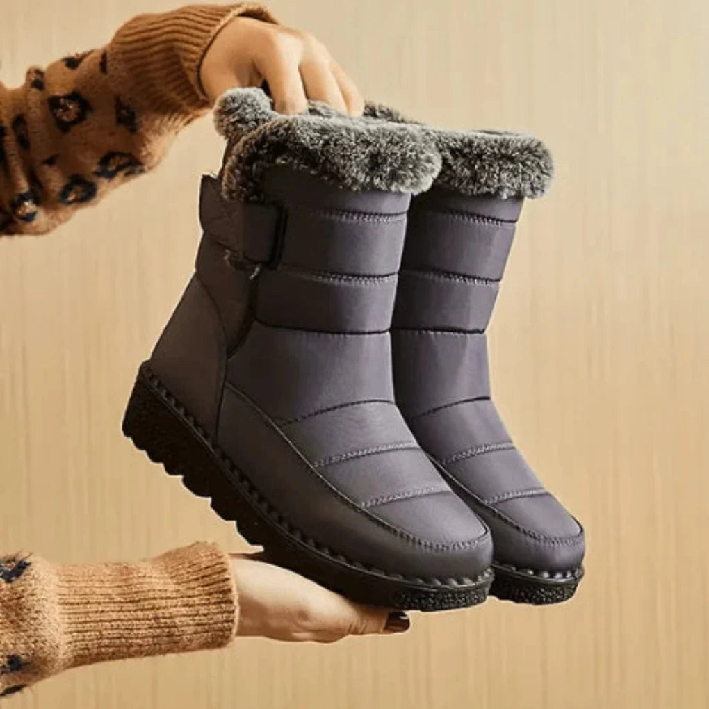 Lorraine | Women's Quilted Snow Boots – Faux Fur Cuff, Insulated Lining, Grip Sole – Gray