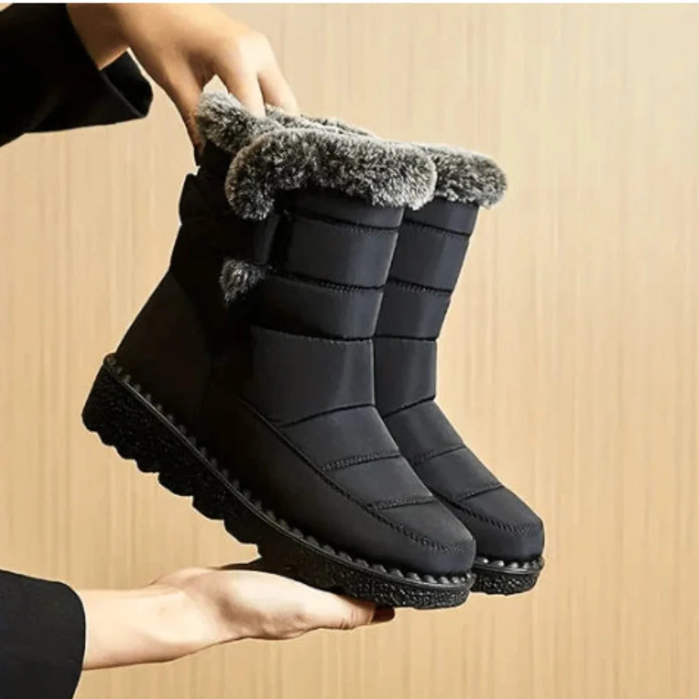 Lorraine | Women's Quilted Snow Boots – Faux Fur Cuff, Insulated Lining, Grip Sole – Black