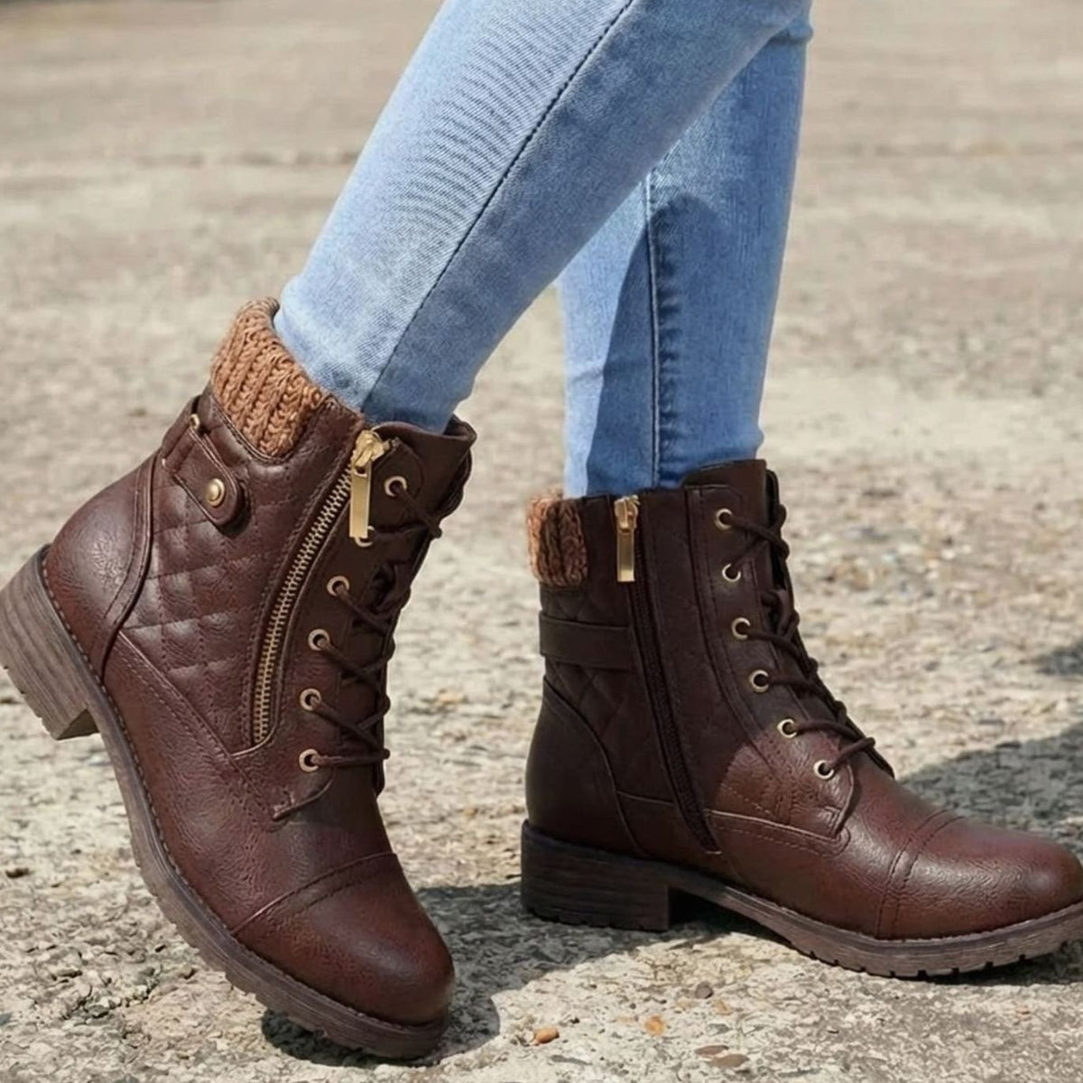 Lottie | Women's Quilted Lace-Up Ankle Boots with Side Zip – Padded Winter Booties