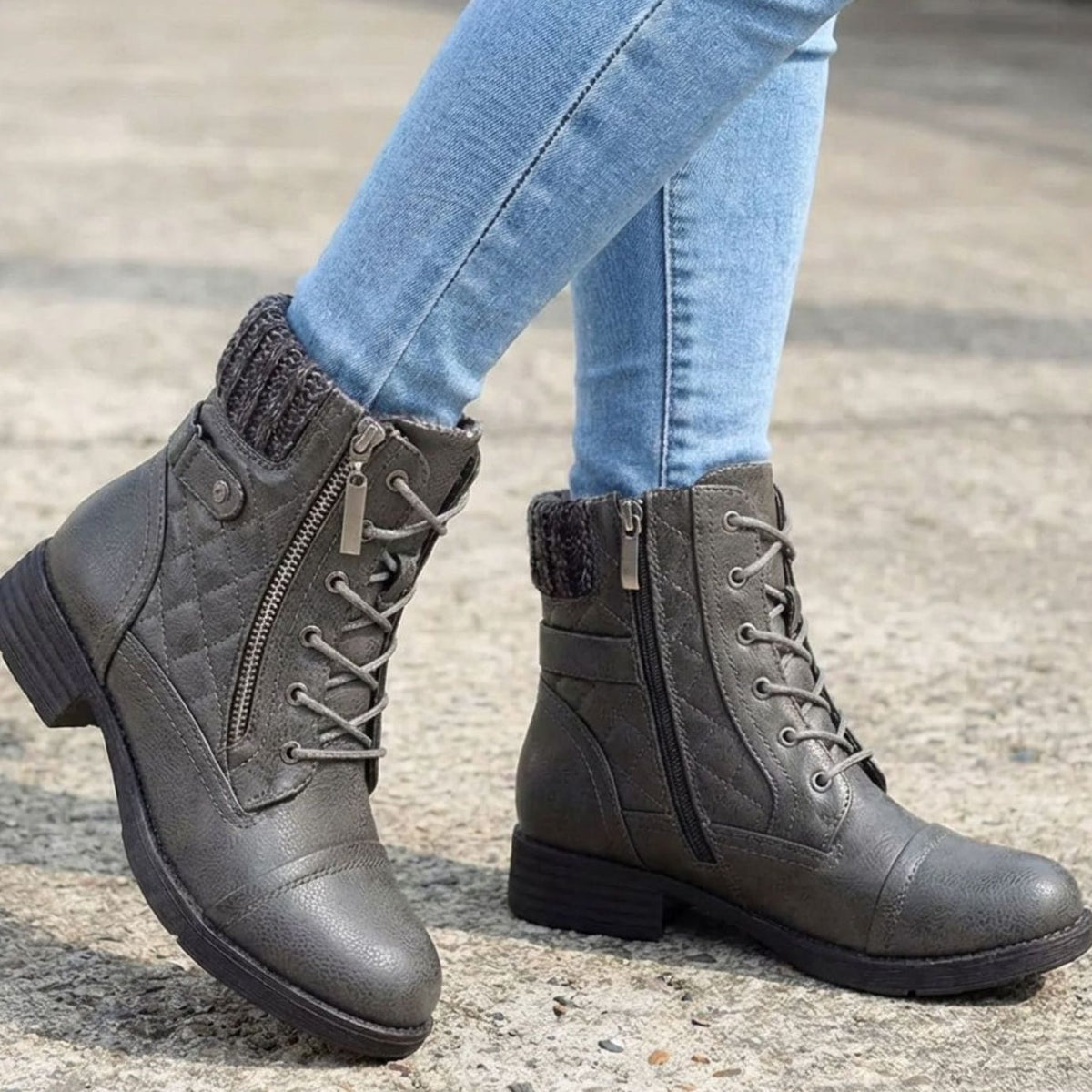 Lottie | Women's Quilted Lace-Up Ankle Boots with Side Zip – Padded Winter Booties – Gray