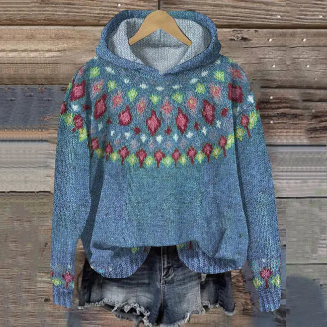 Lyla | Women's Oversized Fair Isle Hooded Sweater – Cropped Knit Pullover – Blue