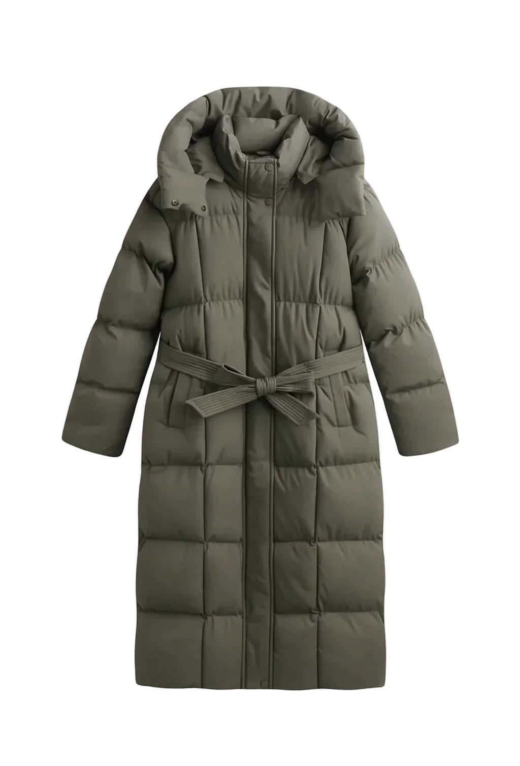 Maeve | Women's Long Quilted Puffer Coat – Belted Waist, Padded Winter Warmth – Gray