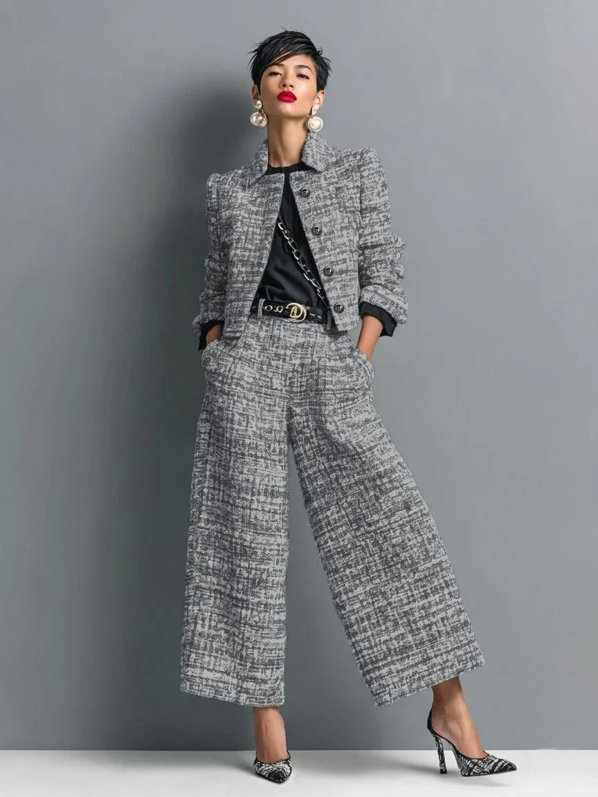 Maisie | Women's Tweed Cropped Jacket and Wide-Leg Pants Set – Two-Piece Outfit – Black