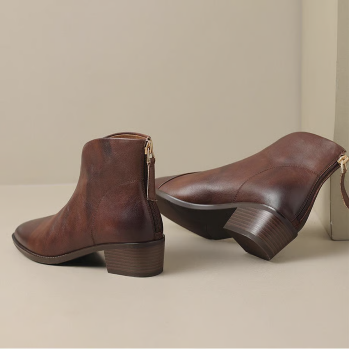 Marina | Women's Back Zip Ankle Boots – Low Heel Booties for Work and Weekend – Brown