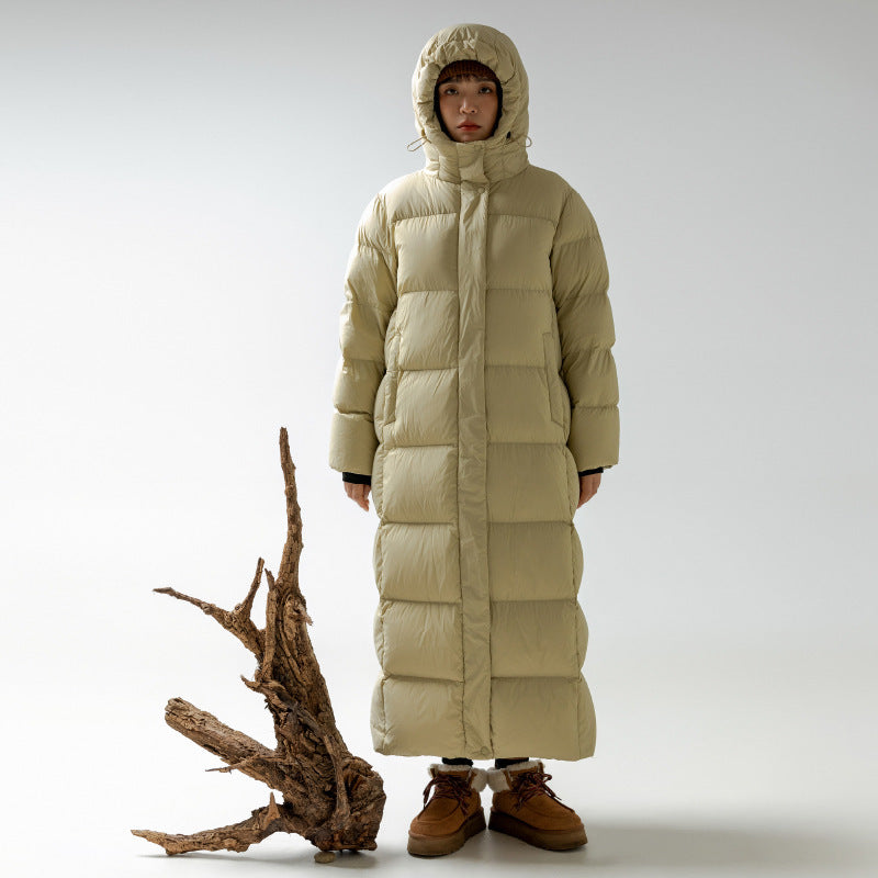 Matilda | Women's Long Hooded Puffer Coat – Down-Filled, Box Quilted, Oversized Fit – Sand