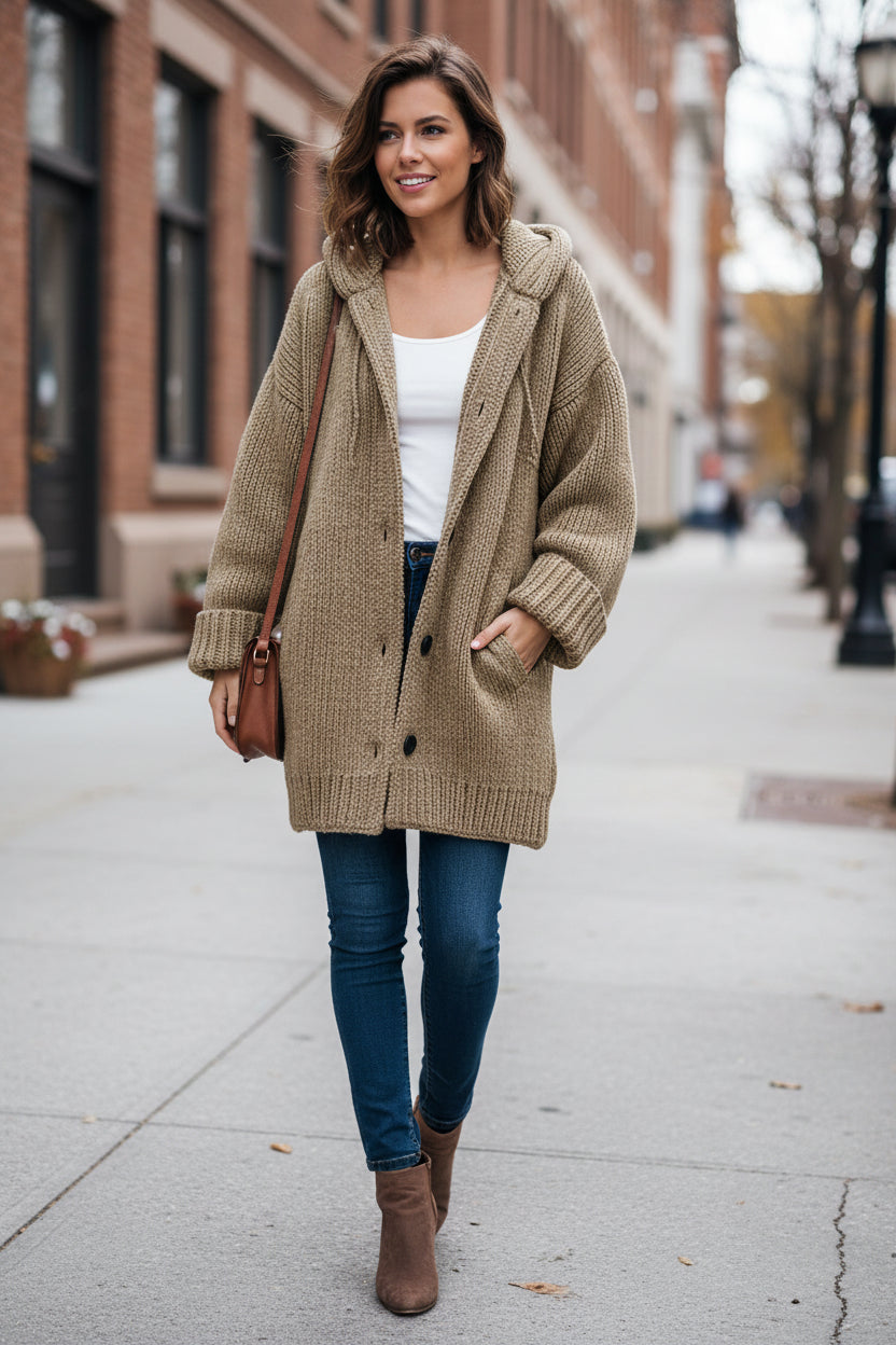 Megan | Women's Long Hooded Cardigan – Chunky Textured Knit, Button Front, Pockets – Taupe