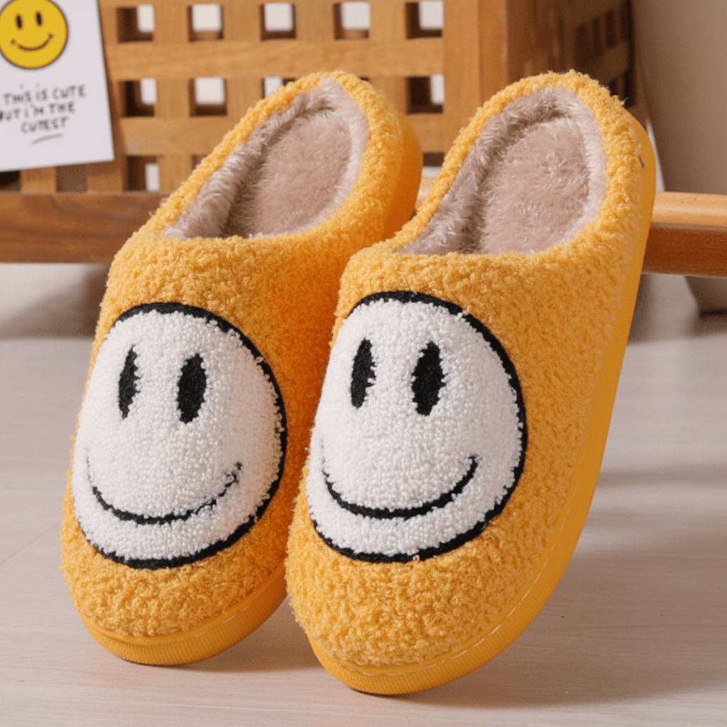 Mila | Women's Fuzzy Smiley Face Slippers – Sherpa Lined House Slippers with Thick Sole – Yellow