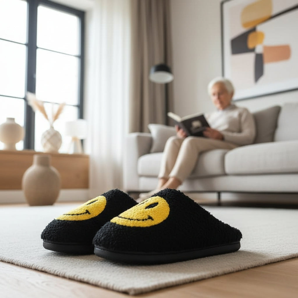 Mila | Women's Fuzzy Smiley Face Slippers – Sherpa Lined House Slippers with Thick Sole