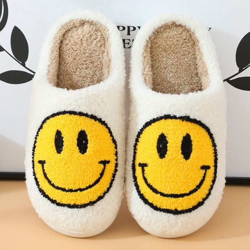 Mila | Women's Fuzzy Smiley Face Slippers – Sherpa Lined House Slippers with Thick Sole – White