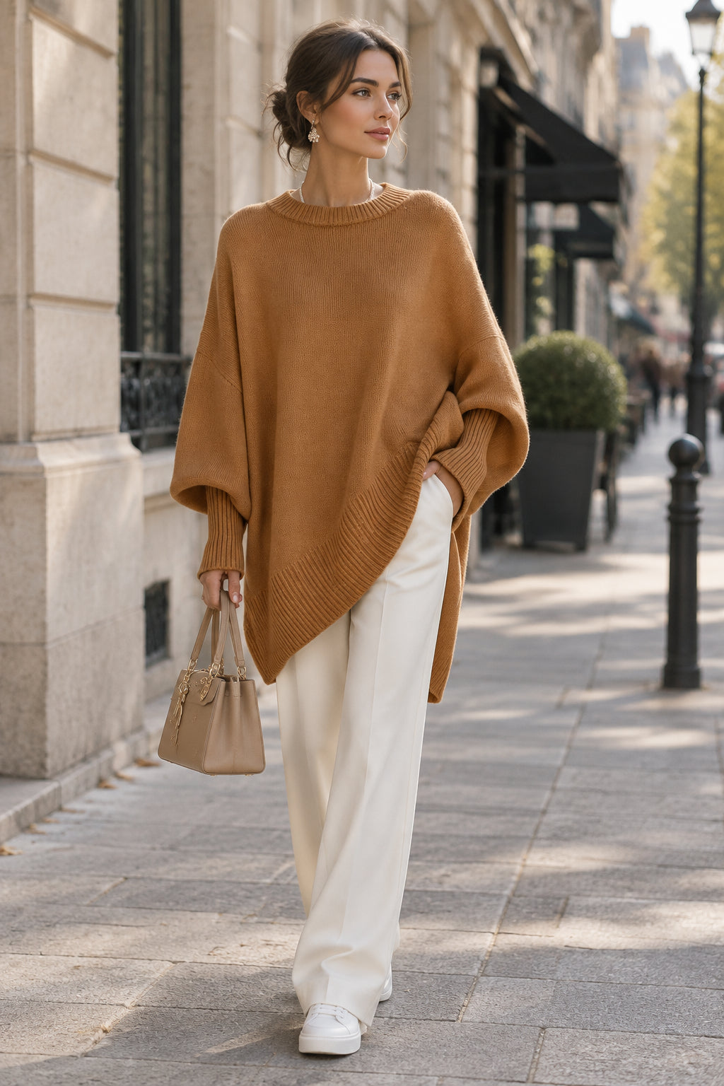 Mira | Women's Draped Oversized Sweater – Relaxed Long Sleeve Knit Pullover – Caramel