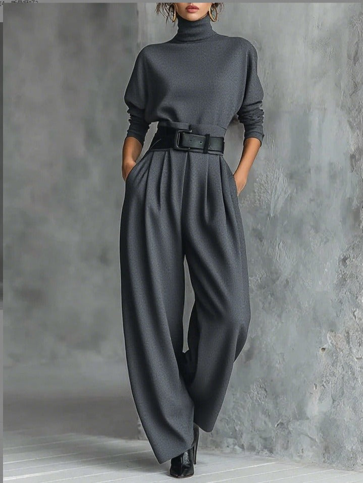 Mireille | Women's Turtleneck and Straight-Leg Pants Set – Minimal Two-Piece – Gray