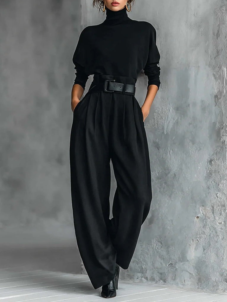 Mireille | Women's Turtleneck and Straight-Leg Pants Set – Minimal Two-Piece – Black