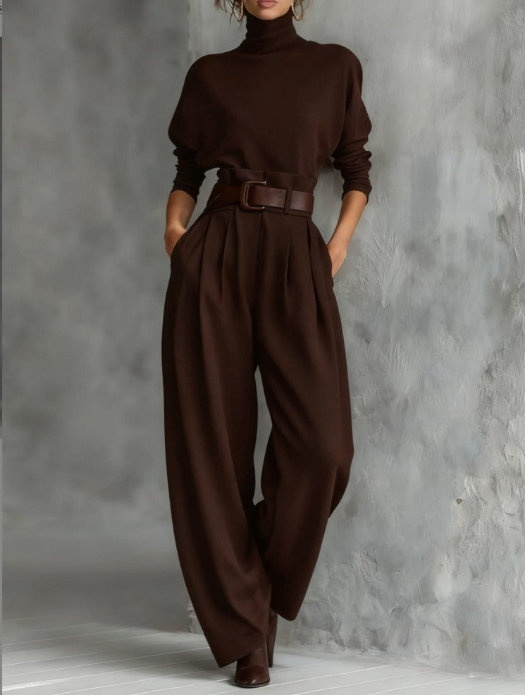 Mireille | Women's Turtleneck and Straight-Leg Pants Set – Minimal Two-Piece – Brown