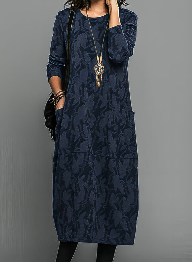 Molly | Women's Leaf Print Midi Dress with Pockets – Long Sleeve Relaxed Fit Dress – Blue